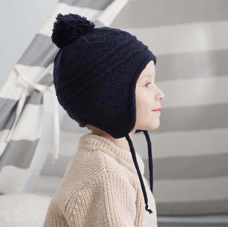 Connectyle Toddler Boys Fleece Lined Knit Kids Hat with Earflap Winter Cap Warm Pompom Beanies Watch Hat M Navy - Image 4